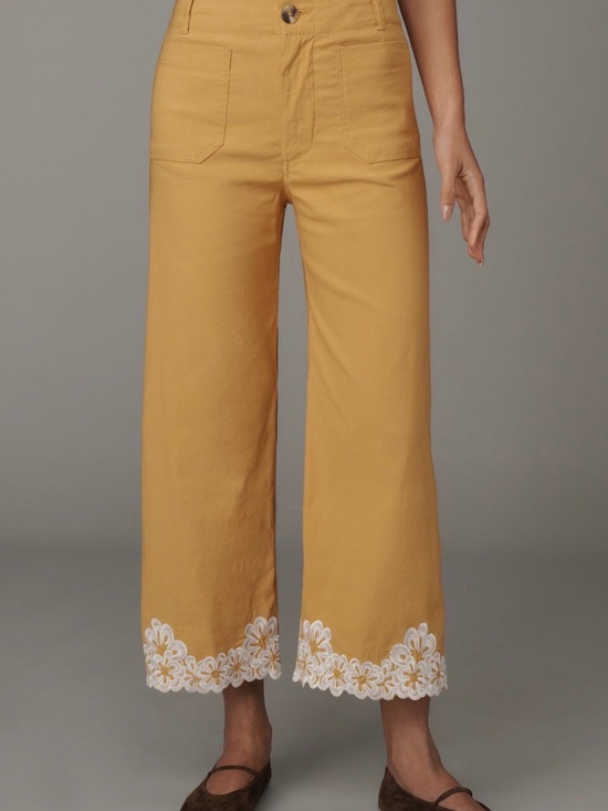 Maeve Denim - Anthropologie Maeve Colette yellow Wide-Leg Pants w/ White embroidery- size 27